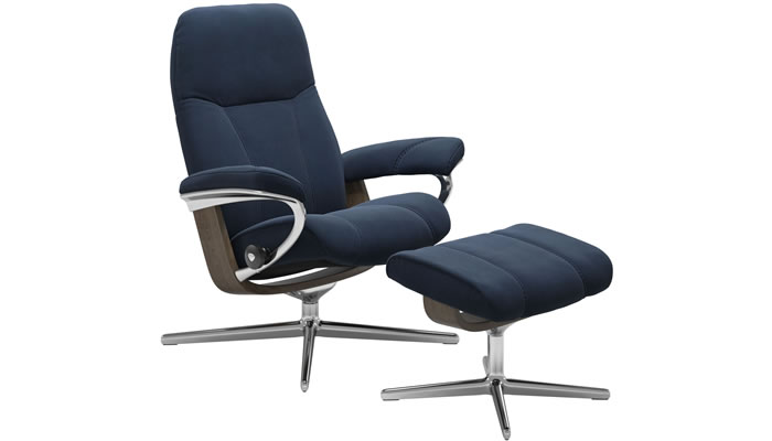Stressless Consul Cross Recliner and Stool in Begonia Dark Blue Fabric with Polished Base